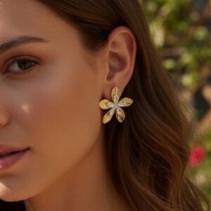 Elegant Gold Flower Earrings Two Tone Earrings
